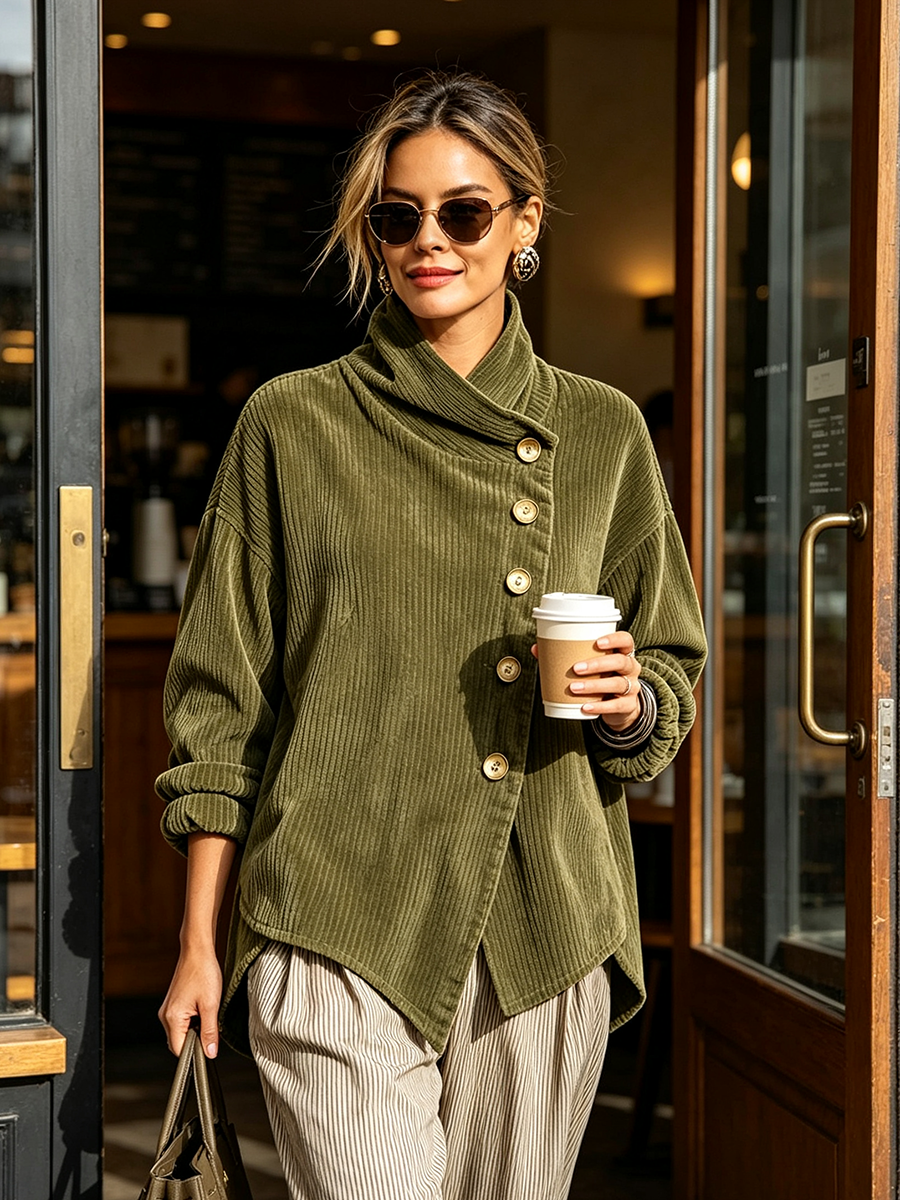 Femme portant le pull vert olive à la sortie d'un café, lunettes de soleil, gobelet à la main et sac sur l'épaule. 2