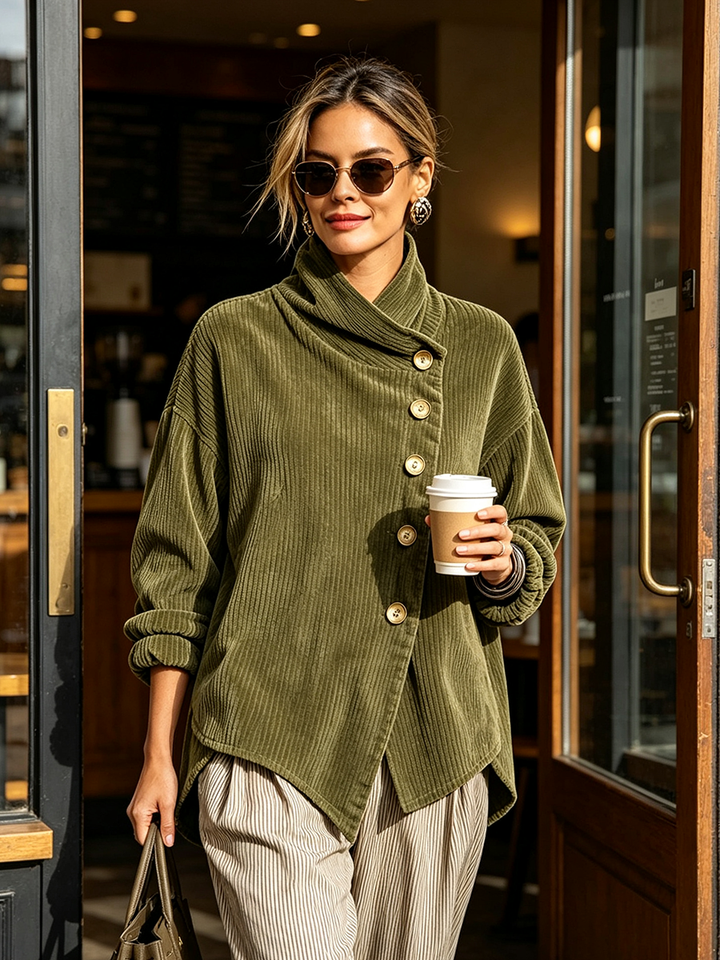 Femme en lunettes de soleil sortant d'un café, gobelet à la main, portant le pull vert côtelé 2