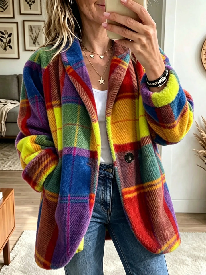 Version du manteau à carreaux aux couleurs vives rouge, jaune, bleu et violet, portée ouverte sur un top blanc et un jean. 5