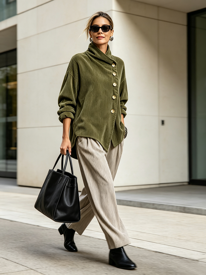 Femme en lunettes de soleil marchant en ville, pull vert olive côtelé porté avec un pantalon ample beige et un grand sac noir. 1