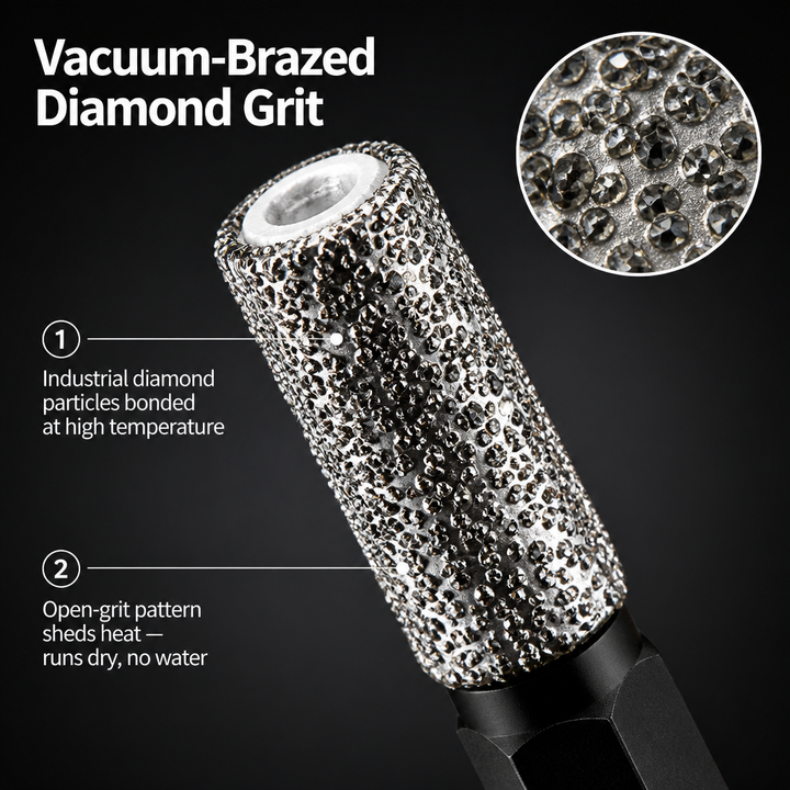 Gros plan sur le foret à grains de diamant brasés, avec un zoom en médaillon sur les particules scintillantes. 3