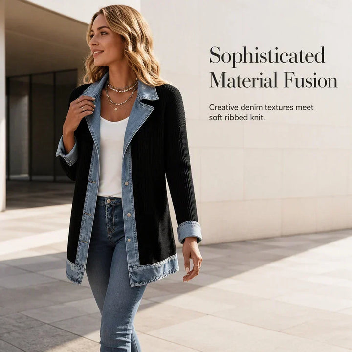 Femme marchant dehors devant un mur clair, manteau noir côtelé aux revers et poignets denim, jean et colliers superposés. 6