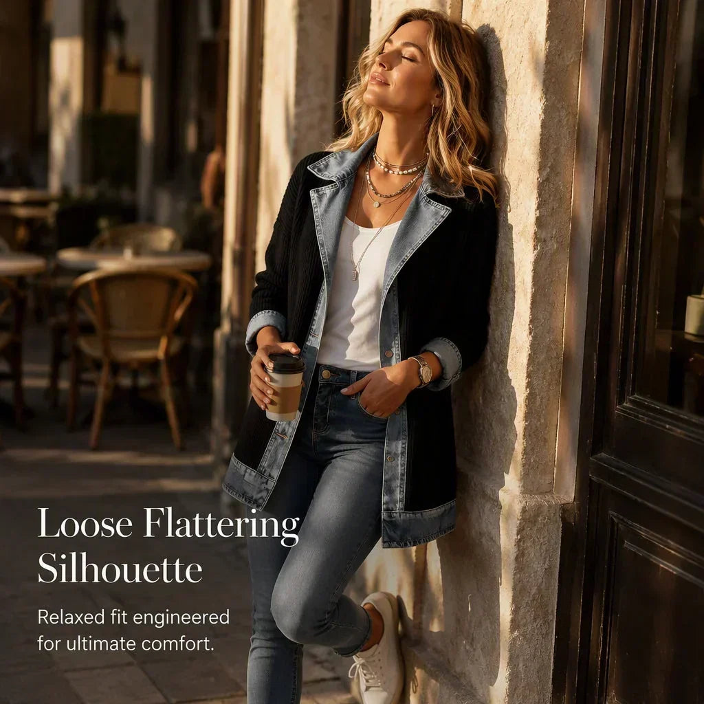 Femme appuyée contre un mur en pierre, gobelet de café à la main, manteau noir et denim ample, jean et baskets blanches. 7