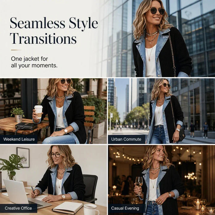Collage de cinq scènes montrant le même manteau noir et denim porté en ville, au café, au bureau et en soirée. 8
