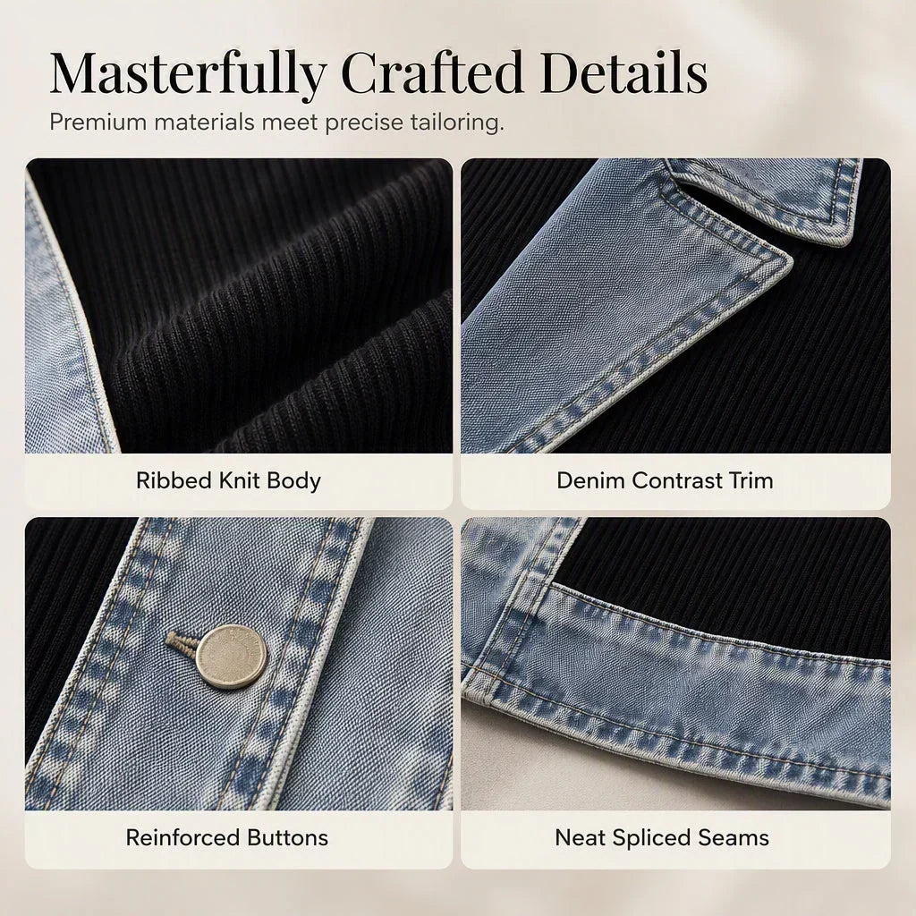 Quatre gros plans des détails du manteau : maille côtelée noire, bordure denim contrastée, bouton renforcé et coutures soignées. 9
