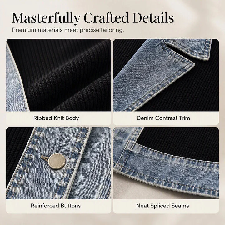 Quatre gros plans des détails du manteau : maille côtelée noire, bordure denim contrastée, bouton renforcé et coutures soignées. 9