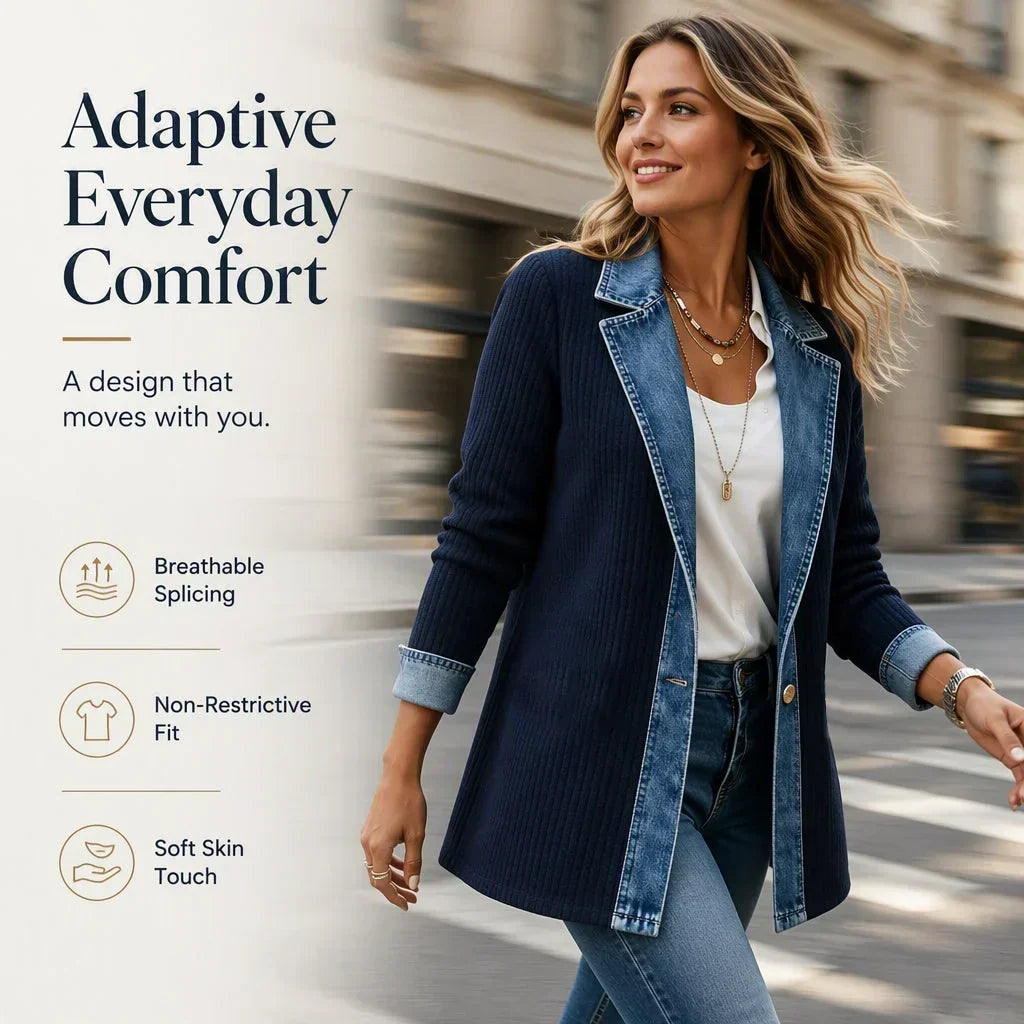 Femme en mouvement dans la rue, manteau bleu marine côtelé à revers denim, chemisier blanc et jean, avec icônes de confort. 11
