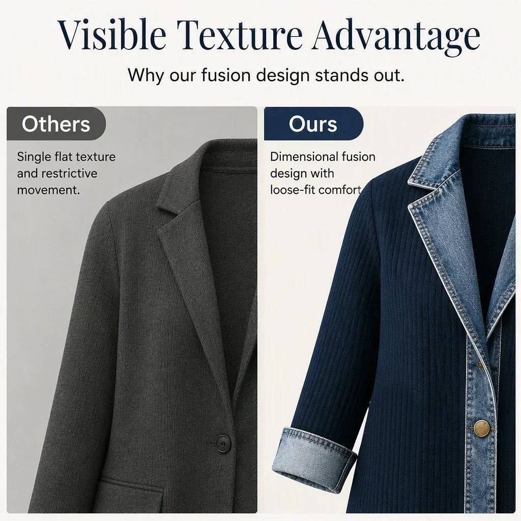 Comparaison côte à côte d'une veste grise unie et du manteau bleu marine côtelé à bordures denim texturées. 12