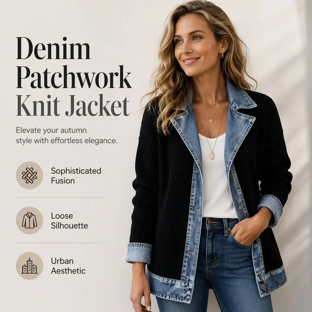 Femme aux cheveux ondulés, une main dans la poche, portant le manteau noir à garnitures denim sur un haut blanc, avec icônes de points forts. 4