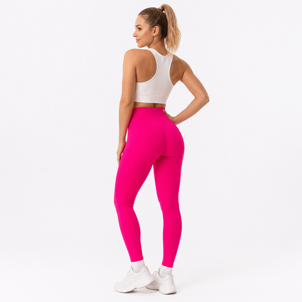 Legging rose vif taille haute porté de dos, brassière blanche, femme tournant la tête sur le côté. 10
