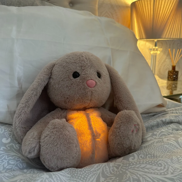 Lapin en peluche au ventre orangé allumé, adossé à un oreiller sur un lit, avec une lampe de chevet derrière. 15