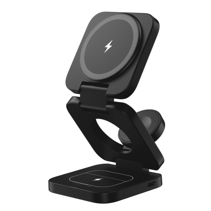 Station noire vide vue de trois quarts, dépliée, montrant le disque magnétique pour téléphone, le support de montre et la base de charge. 5