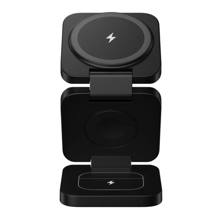 Station noire vide vue de face, dépliée, avec le disque de charge du téléphone, le support rond de la montre et la base. 6