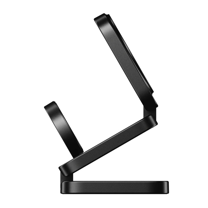 Profil de la station noire dépliée en Z, montrant l'inclinaison du support de téléphone et celle du support de montre. 7