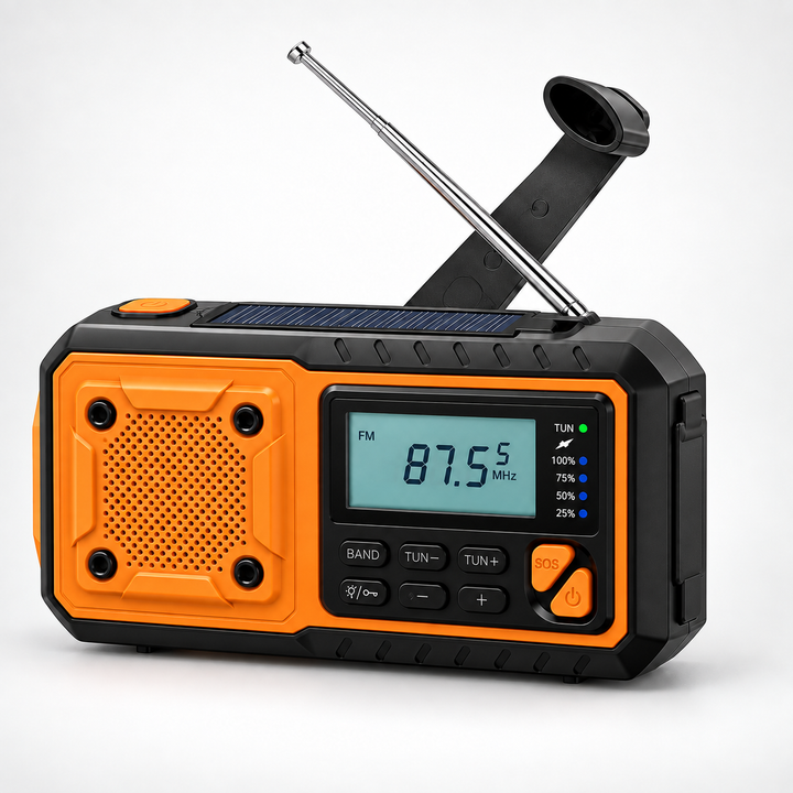 Radio vue de trois quarts sur fond blanc, antenne sortie, manivelle dépliée et panneau solaire visible sur le dessus 10