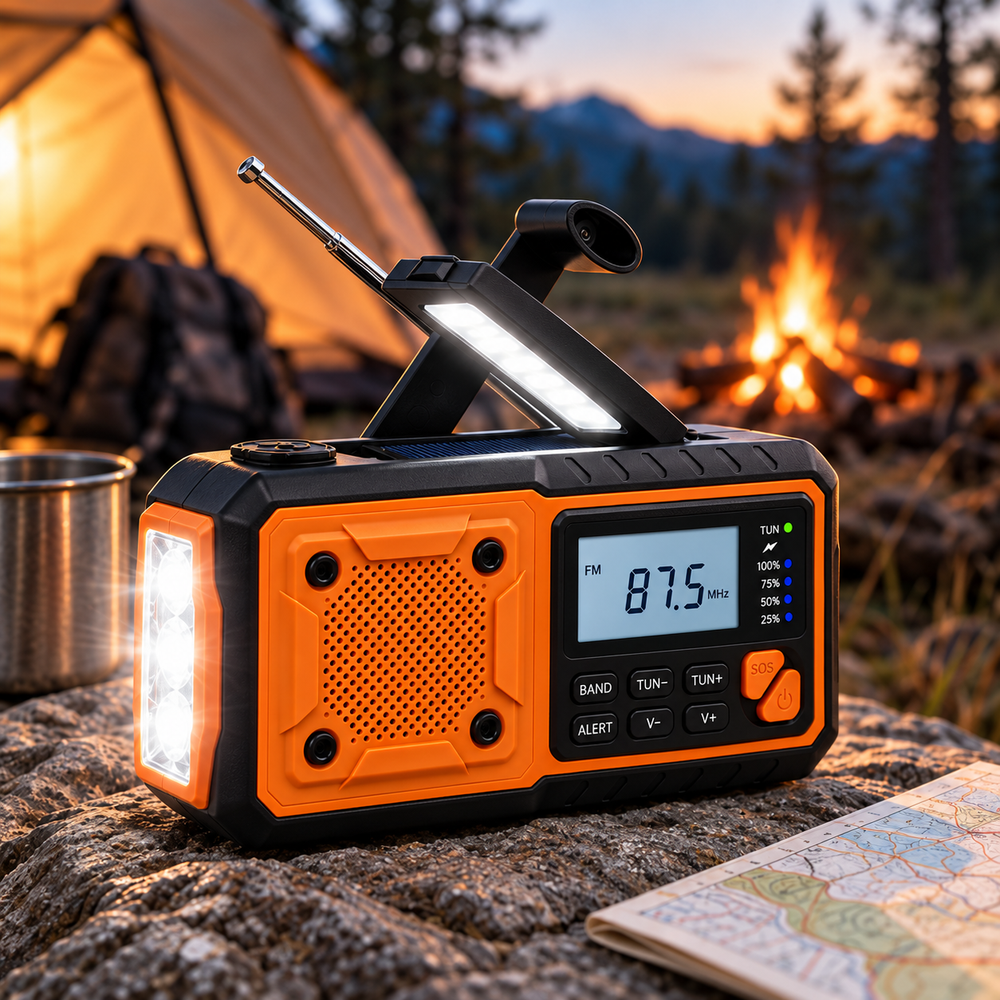 Radio orange posée sur un rocher au crépuscule, près d'un feu de camp, d'une tente et d'une carte 2