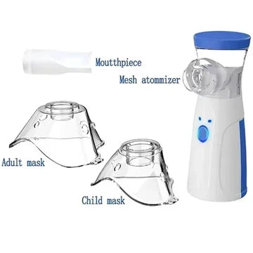 Nébuliseur à côté d'un embout buccal, d'un masque adulte et d'un masque enfant, chaque accessoire présenté séparément. 7