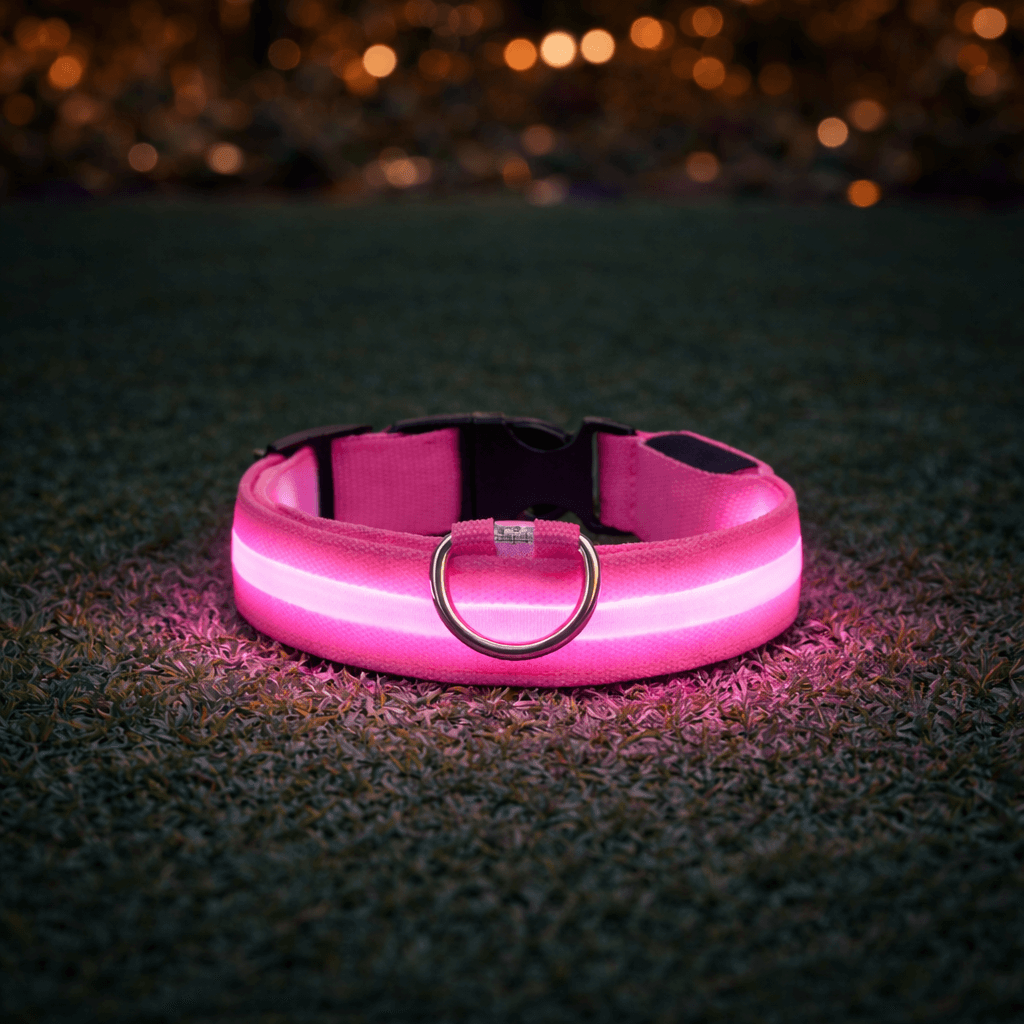 Collier rose avec bande lumineuse allumée, posé sur l'herbe la nuit avec des lumières floues en arrière-plan. 7
