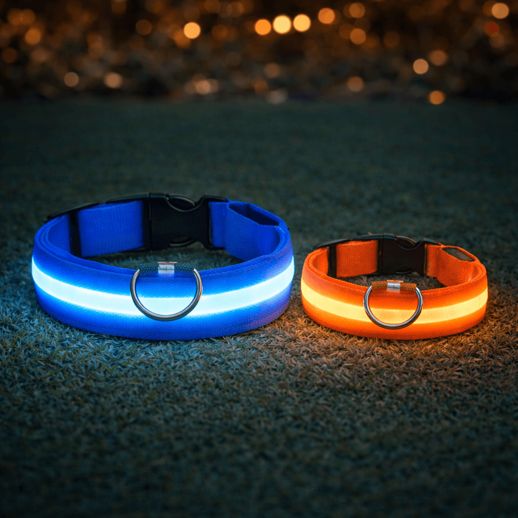 Deux colliers lumineux, un grand bleu et un plus petit orange, posés côte à côte sur l'herbe la nuit. 6