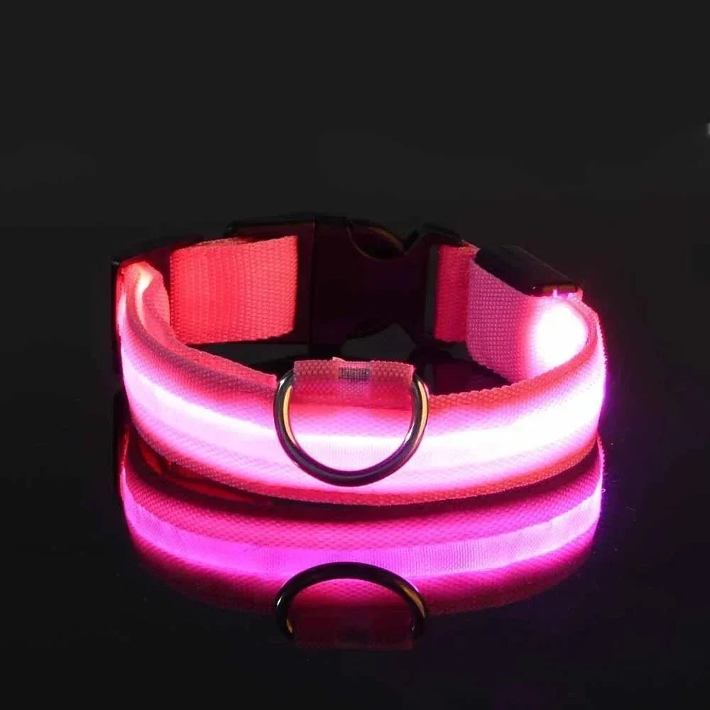 Collier rose allumé sur fond noir, bande lumineuse rose vif, anneau métallique et reflet au sol. 5