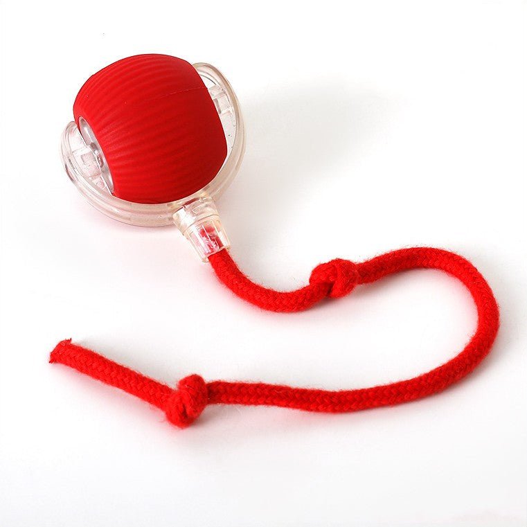 Balle rouge nervurée dans sa coque transparente, avec sa corde rouge à deux nœuds, sur fond blanc. 10