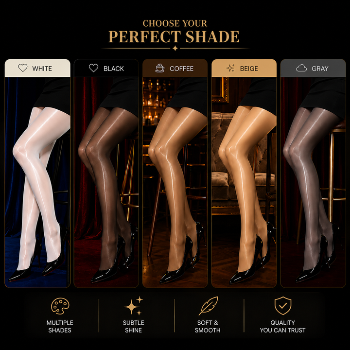 Cinq jambes en collant brillant côte à côte, présentant les coloris blanc, noir, café, beige et gris, avec escarpins noirs. 4