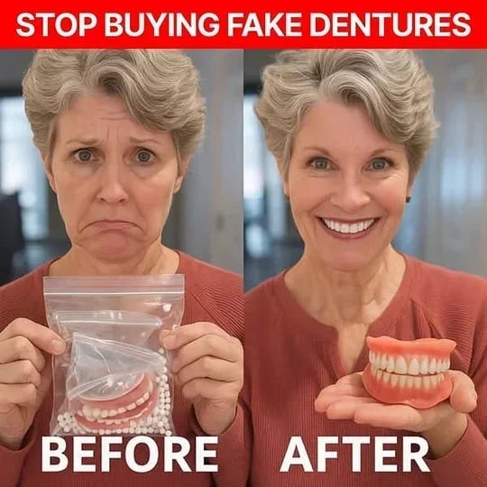 Avant-après d'une femme: à gauche, mine déçue avec un sachet de fausses dents; à droite, sourire radieux tenant la prothèse complète. 10