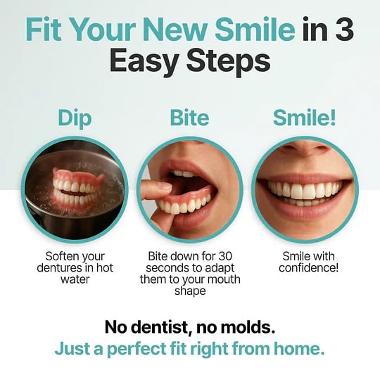 Guide en trois étapes: prothèse plongée dans l'eau chaude, mordue du doigt pour s'adapter à la bouche, puis grand sourire. 12
