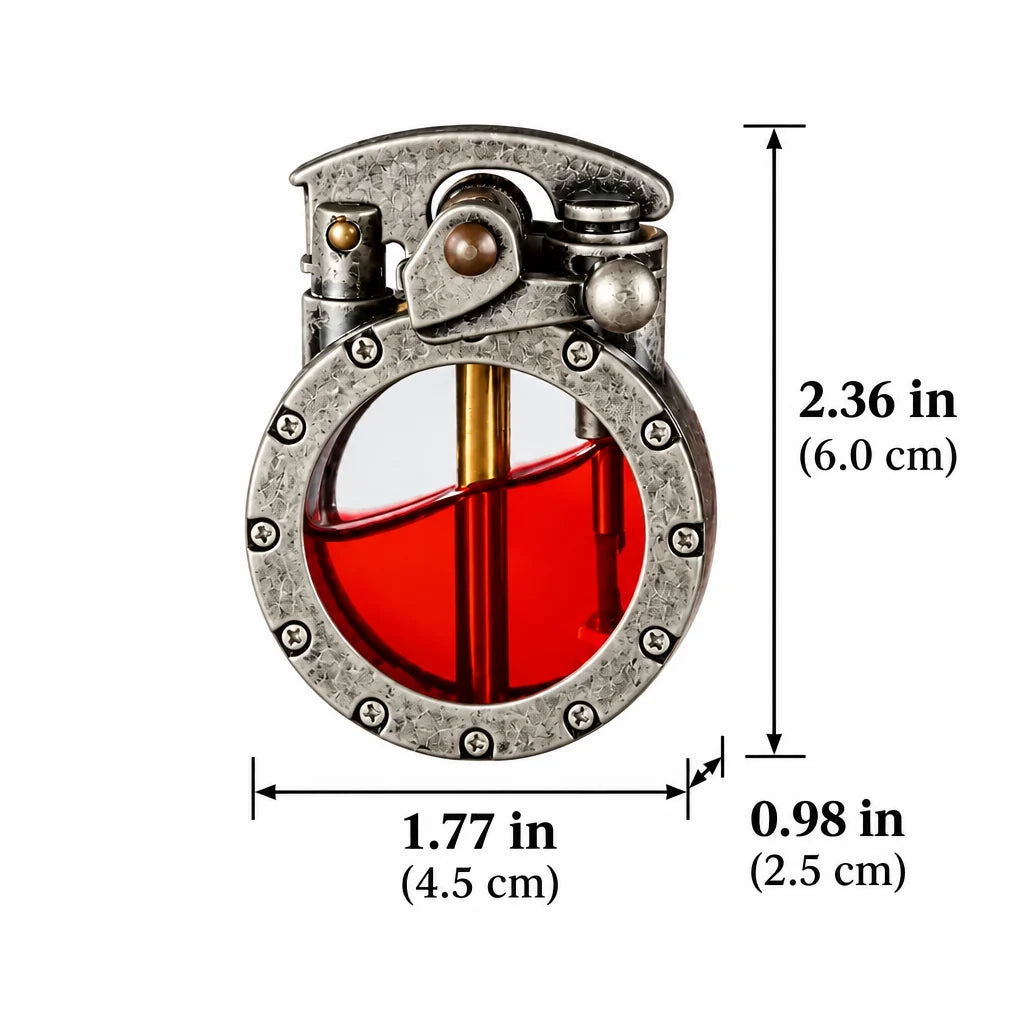Briquet à réservoir rouge sur fond blanc, avec cotes indiquées en pouces et en centimètres pour la hauteur, la largeur et l'épaisseur. 4