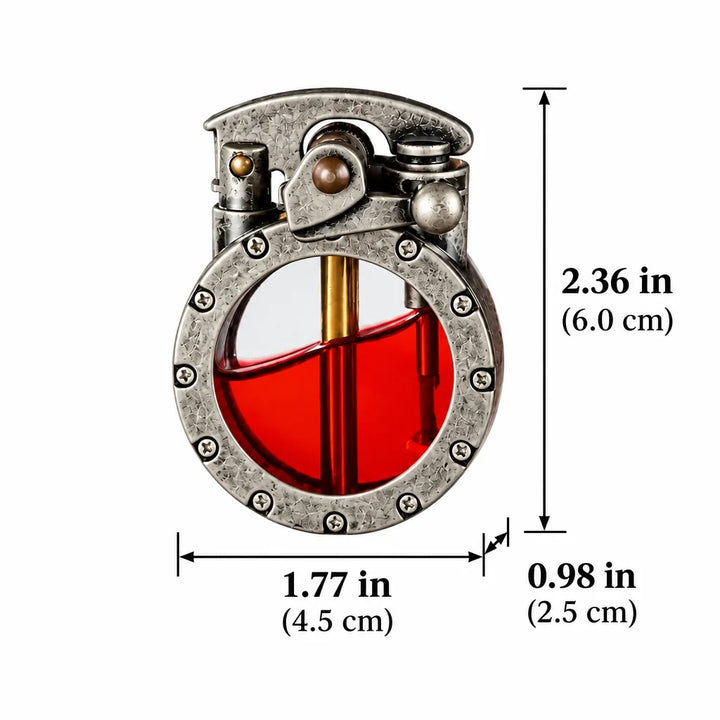 Briquet à réservoir rouge sur fond blanc, avec cotes indiquées en pouces et en centimètres pour la hauteur, la largeur et l'épaisseur. 4
