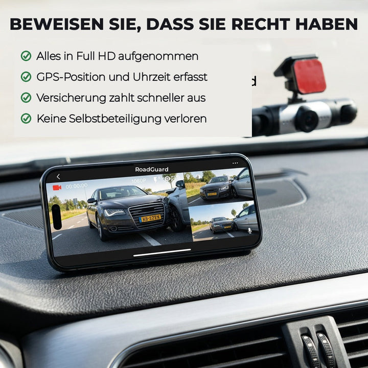 Smartphone posé sur le tableau de bord montrant l'application avec une collision filmée, la caméra visible en haut à droite. 5
