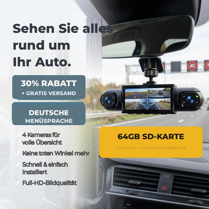Caméra fixée sous le rétroviseur affichant quatre vues sur son écran, avec un encart indiquant qu'une carte SD est incluse. 7