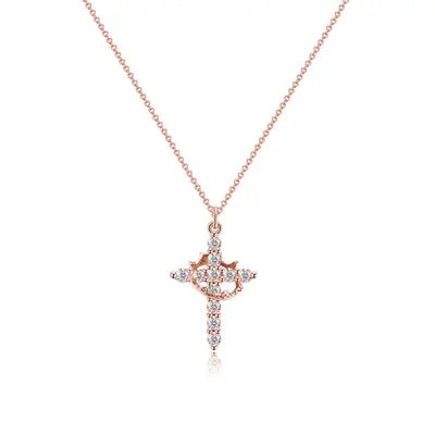 Version or rose du collier sur fond blanc, croix sertie de pierres Ã©tincelantes avec une couronne au centre. 5