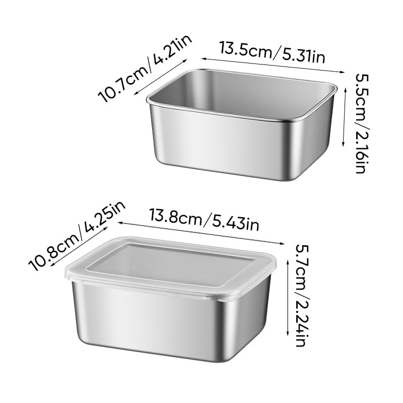 Schéma des dimensions de deux contenants en inox rectangulaires, l'un sans couvercle, l'autre avec couvercle transparent, avec largeur, longueur et hauteur indi 11
