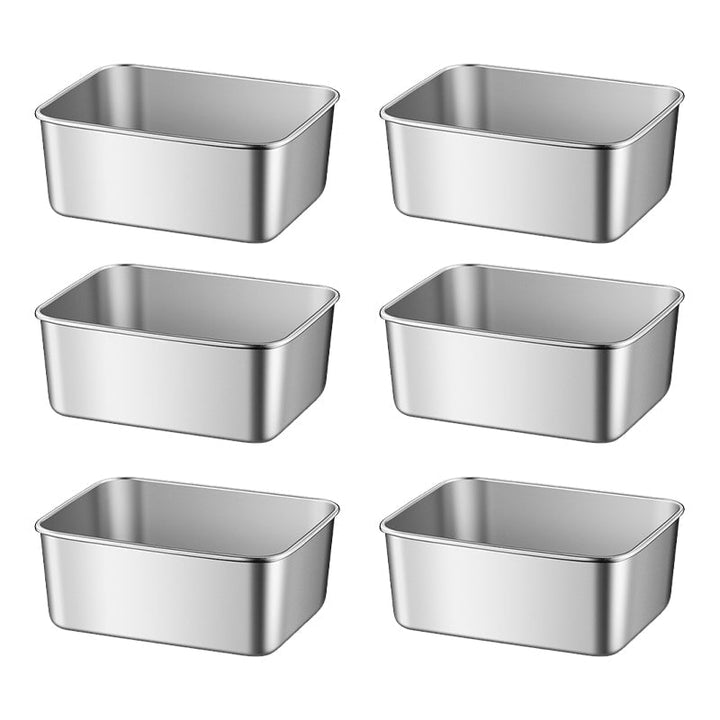 Six contenants rectangulaires en inox sans couvercle, disposés en deux colonnes sur fond blanc. 13