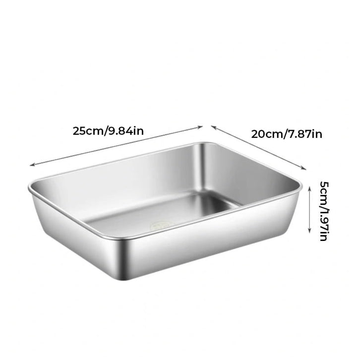 Grand plat rectangulaire en inox sans couvercle, peu profond, avec ses dimensions de longueur, largeur et hauteur indiquées par des flèches. 16