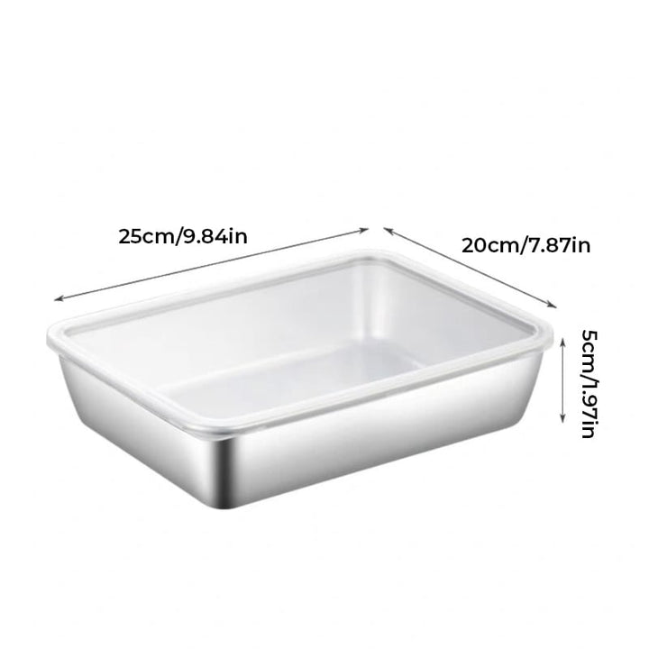 Grand plat rectangulaire en inox fermé par un couvercle transparent, avec ses dimensions de longueur, largeur et hauteur indiquées. 17