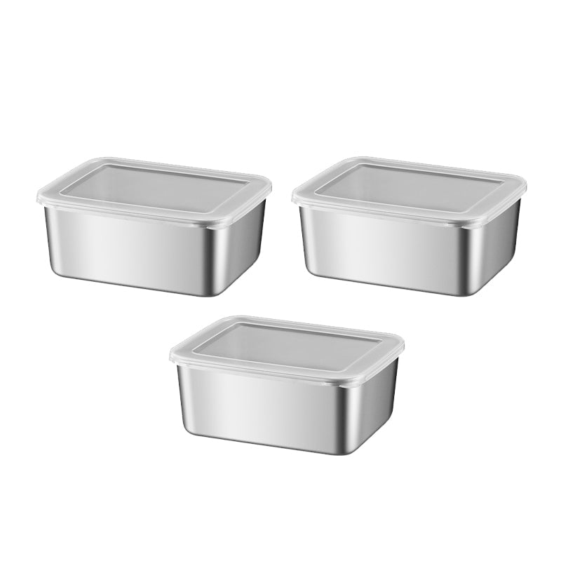 Trois contenants en inox fermés par des couvercles transparents, présentés côte à côte sur fond blanc. 20