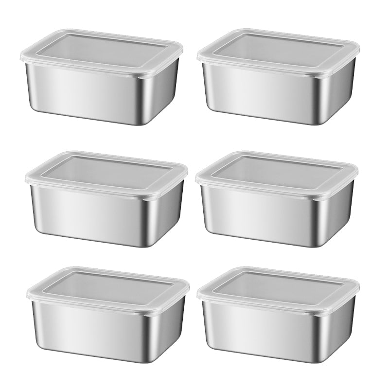 Six boîtes rectangulaires en acier inoxydable fermées par leur couvercle transparent en plastique, disposées en trois rangées de deux. 21