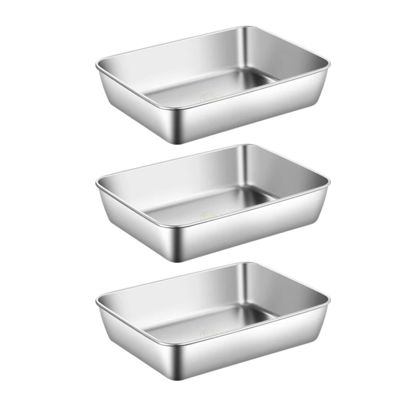 Trois plats rectangulaires plus bas en acier inoxydable poli, empilés visuellement en colonne, sans couvercle, vus légèrement de dessus. 24