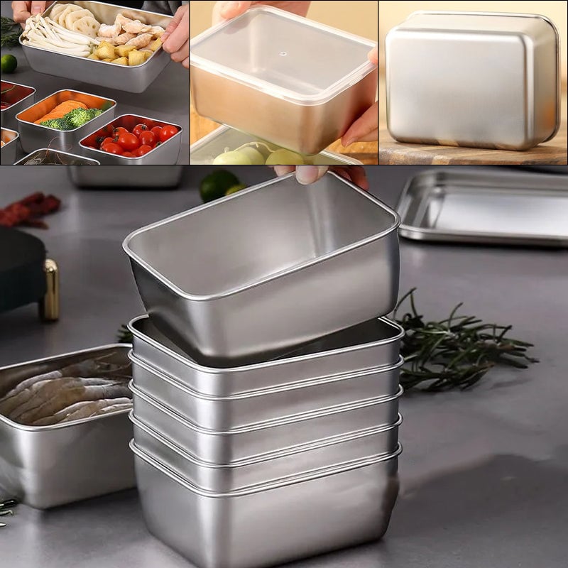 Montage de quatre vues : boîtes remplies d'aliments, couvercle transparent, boîte vue de côté et pile de contenants rectangulaires empilés. 2