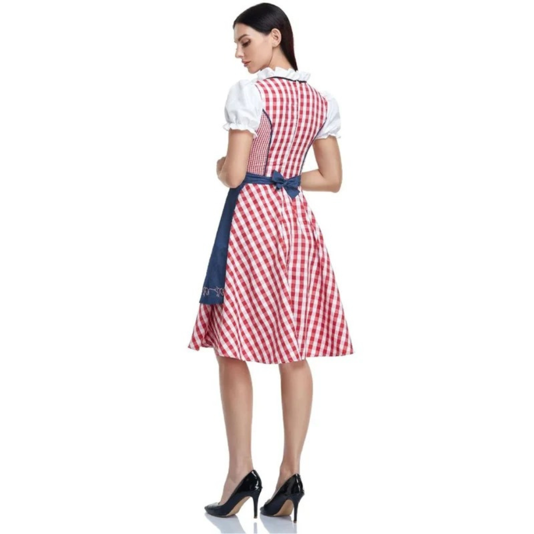 Vue de dos de la robe à carreaux rouges et blancs, avec le nÅ“ud du tablier bleu marine noué dans le dos. 8