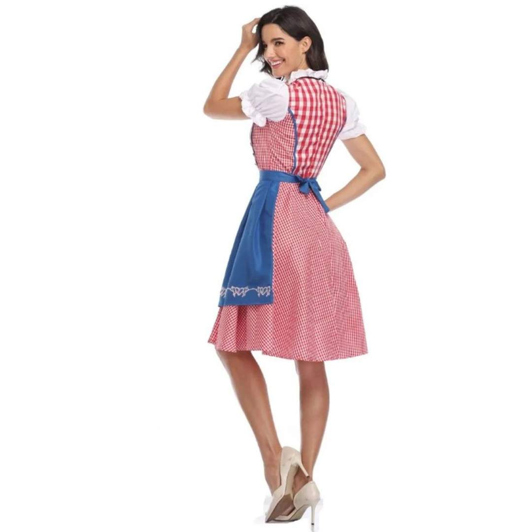 Vue de dos de la robe à petits carreaux roses, avec le nÅ“ud du tablier bleu vif et manches ballon blanches. 9