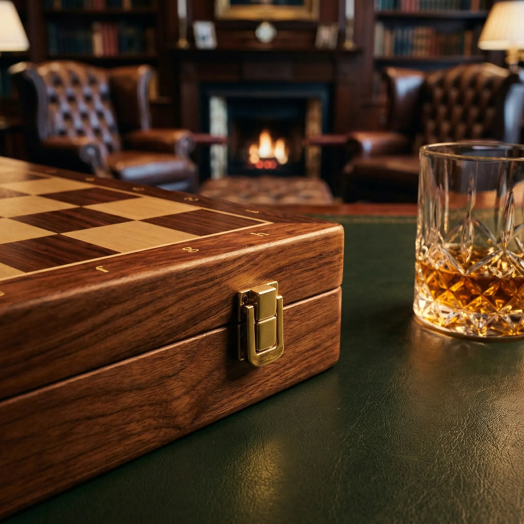 Détail du fermoir doré sur le côté du plateau fermé, verre de whisky à côté 7