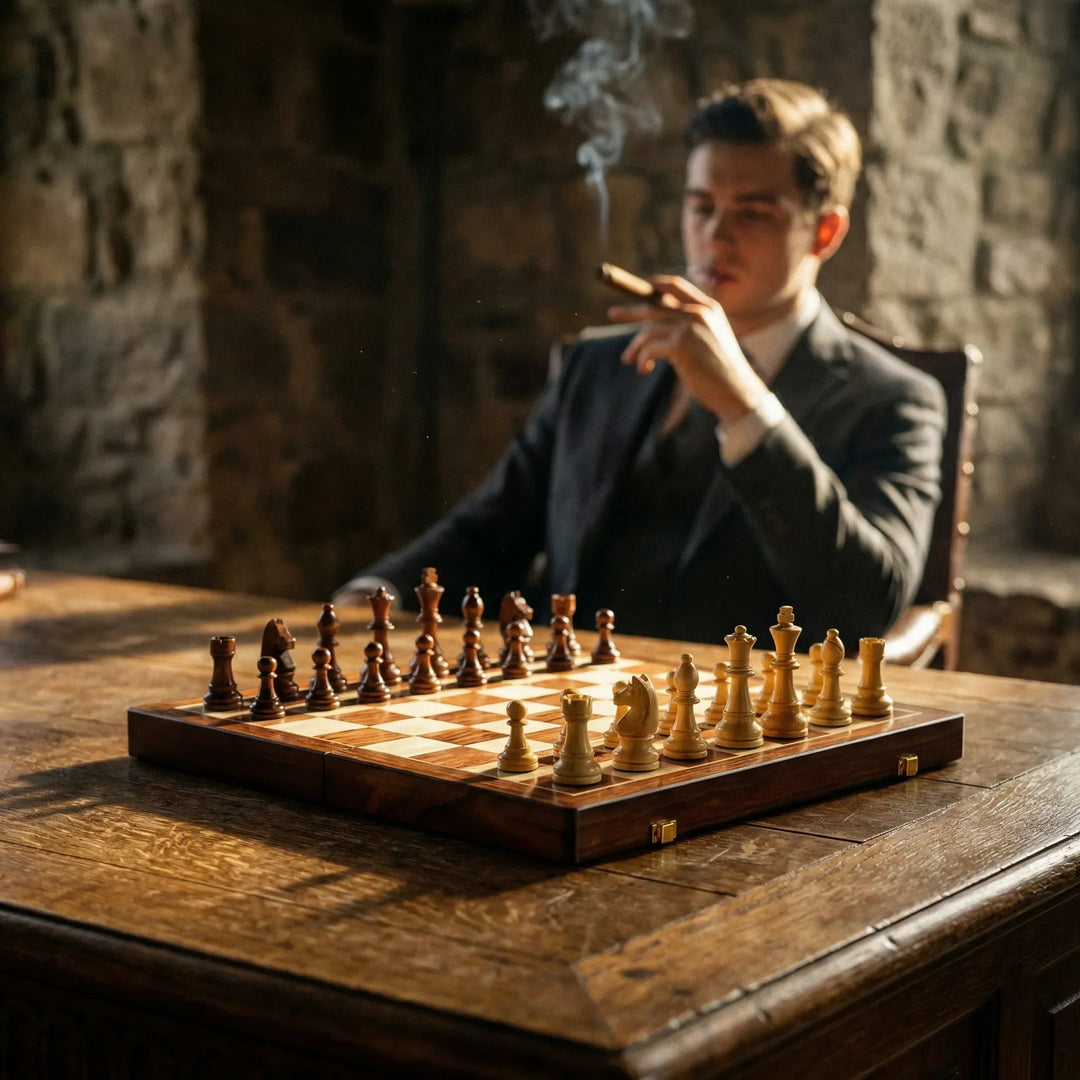 Plateau installé sur une vieille table en bois, un homme en costume flou en arrière-plan 2