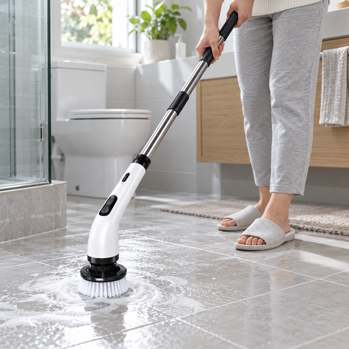 Personne en pantoufles lavant le carrelage mouillé d'une salle de bain avec la brosse rotative et le manche allongé 4