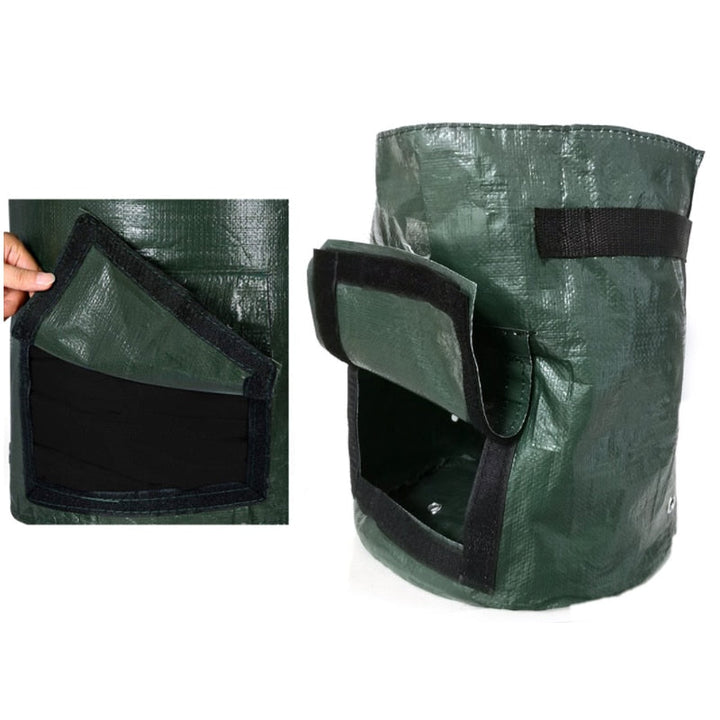 Sac de culture vert avec rabat à bande velcro noire, vue d'ensemble et gros plan de la fenêtre soulevée par une main. 4