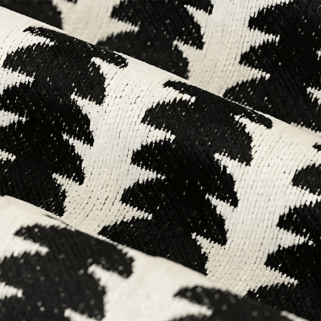 Gros plan sur le tissu chenille noir et blanc, montrant le tissage dense et la texture duveteuse du motif. 2
