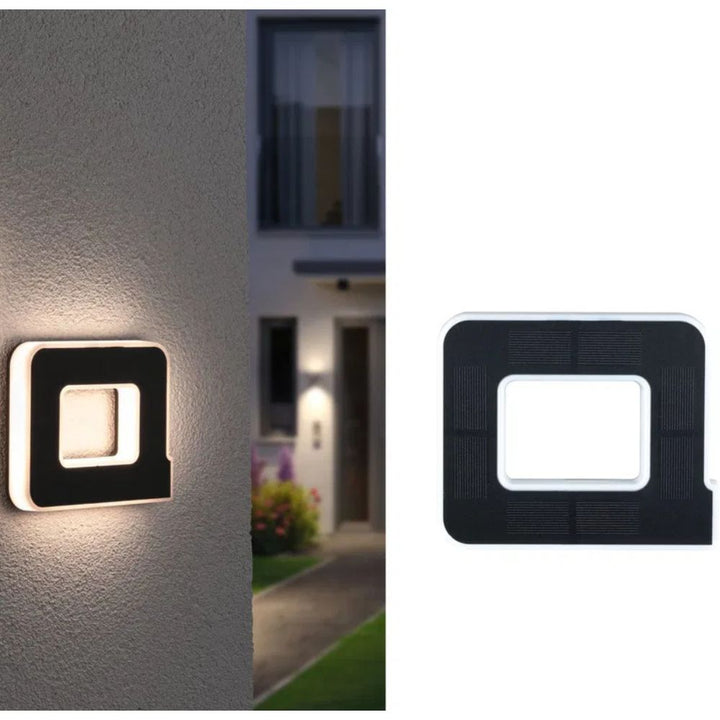 Lettre A en deux vues : éclairée de nuit devant une maison, et face solaire noire seule sur fond blanc. 11