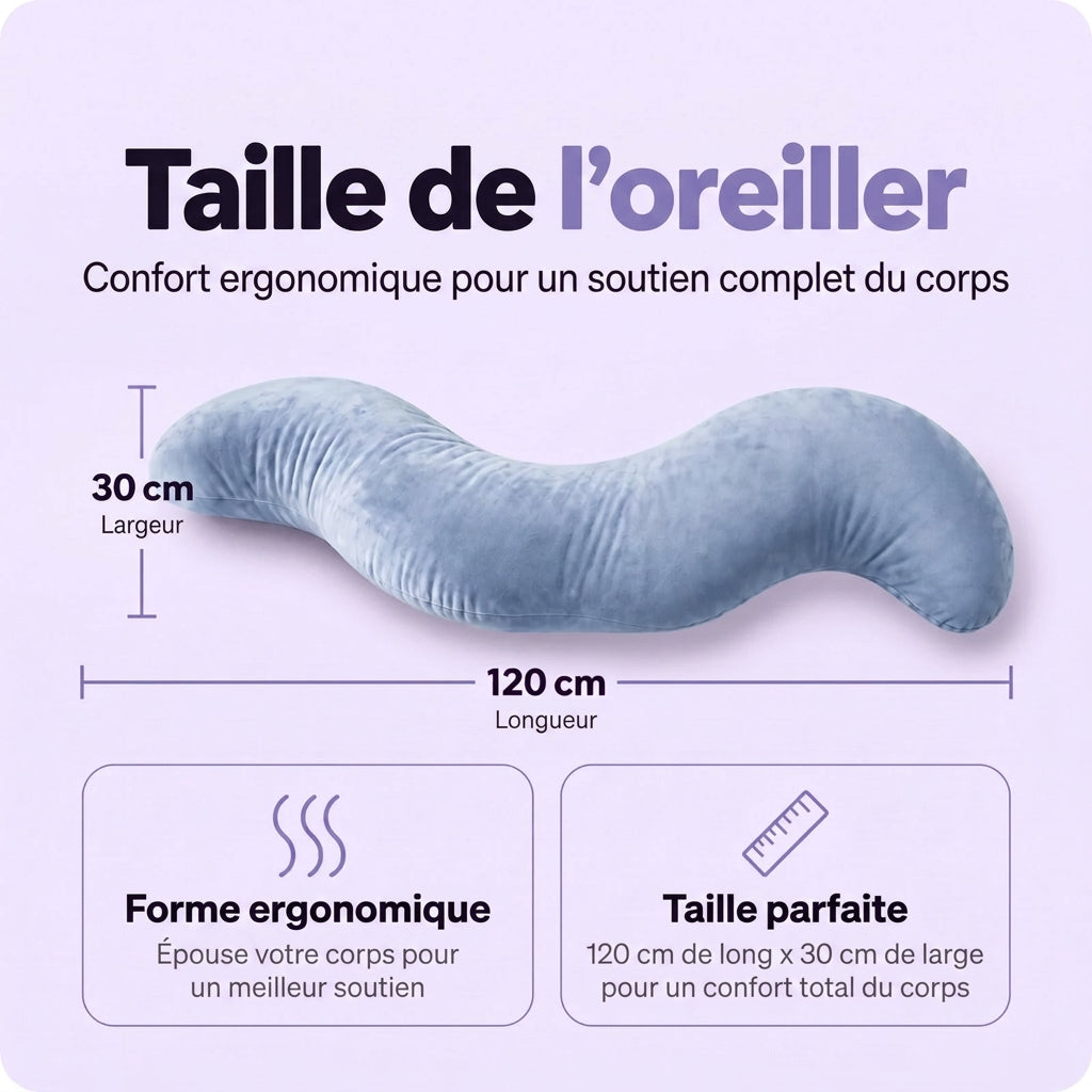 Oreiller en S bleu avec cotes de longueur et de largeur indiquées sur fond lavande 5